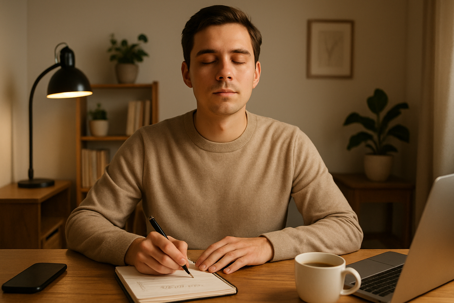 A person in a calm office or home workspace, taking a deep breath and organizing notes or a to-do list. Around them are subtle signs of daily life—phone, laptop, coffee cup—but everything feels orderly and under control. The lighting is soft and focused, representing awareness, focus, and emotional clarity.